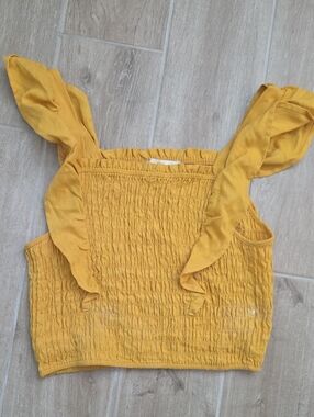 Monteau Mustard Yellow Smocked Ruffle Strap Crop Top